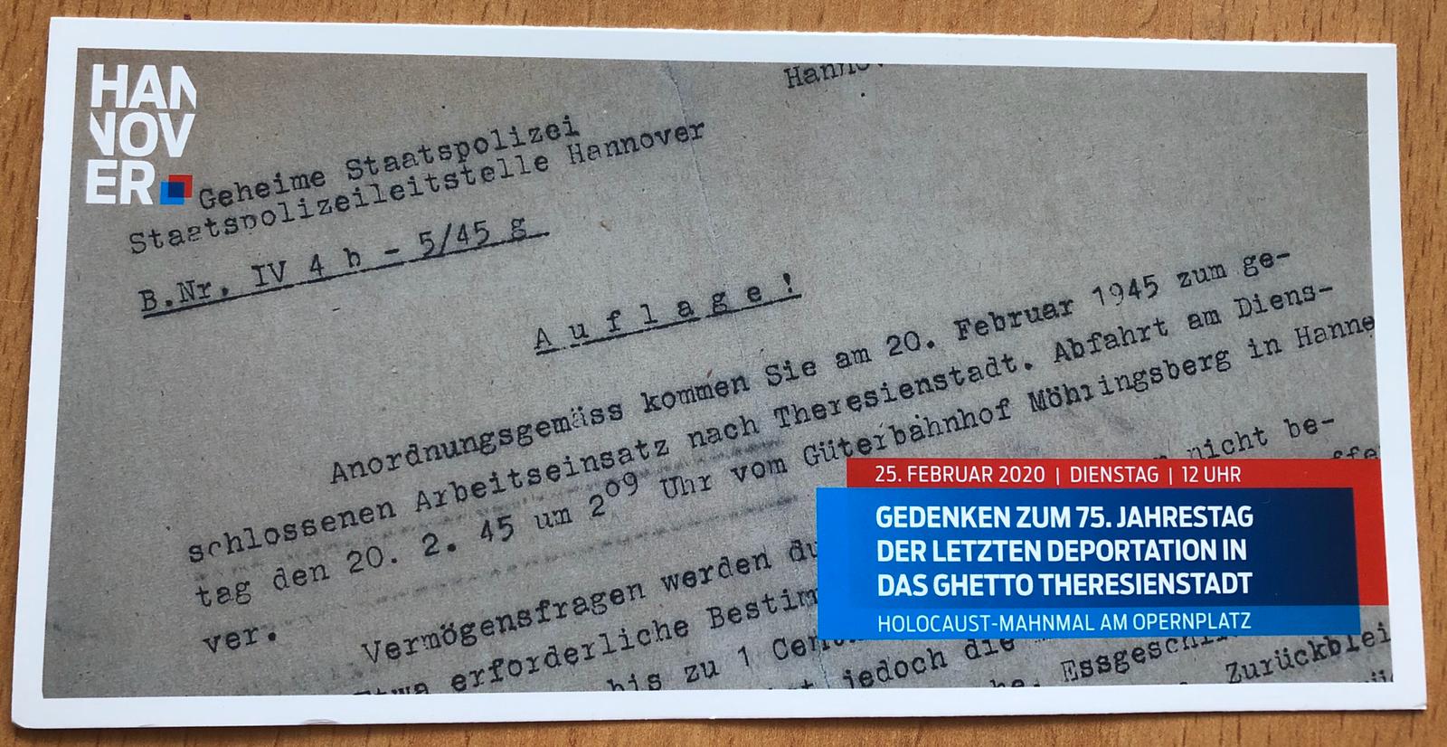 Ankündigung zur Gedenkveranstaltung des 75. Jahrestages der letzten Deportation von H nach Theresienstadt 